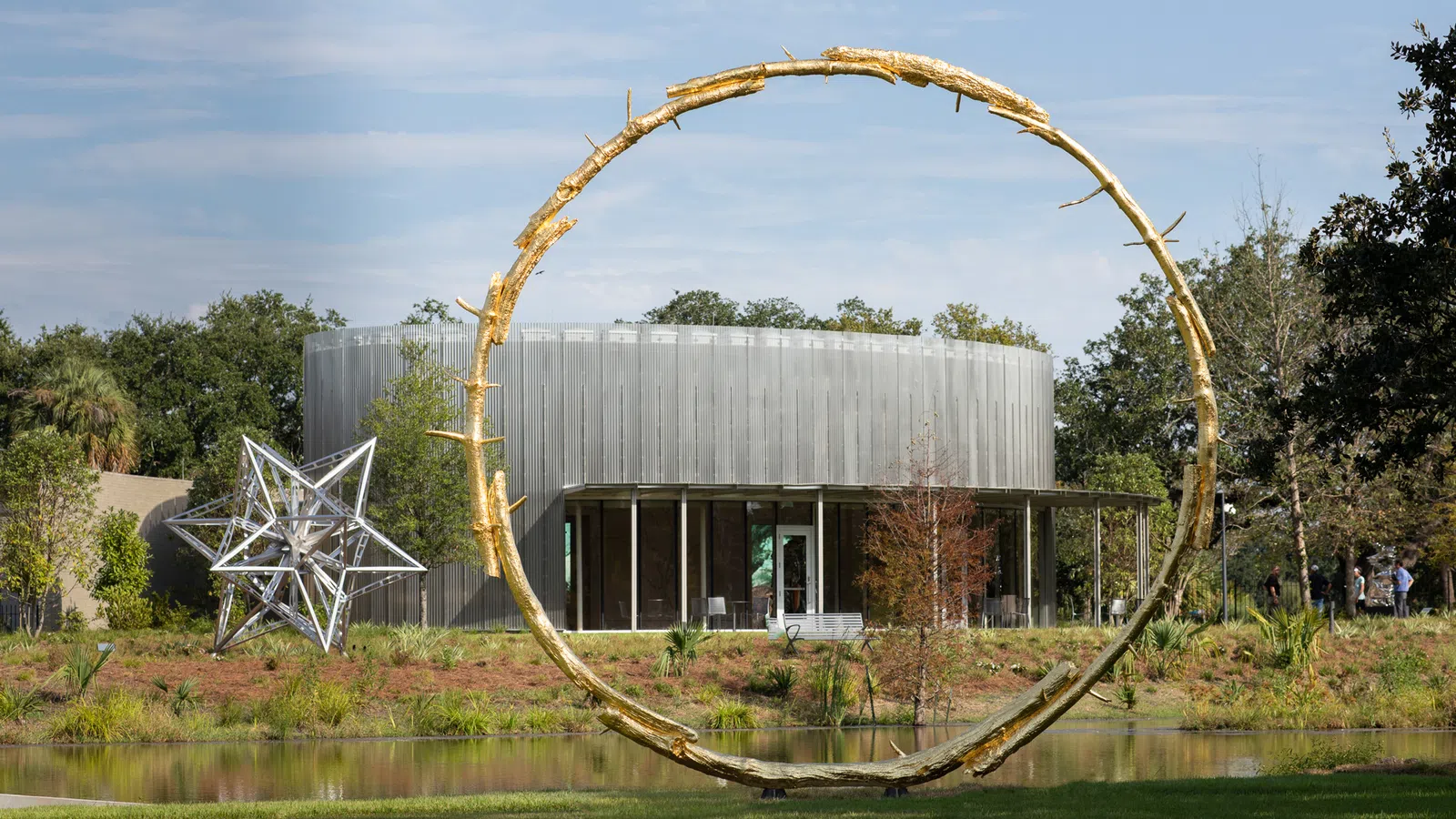 a structure outside with trees around it
