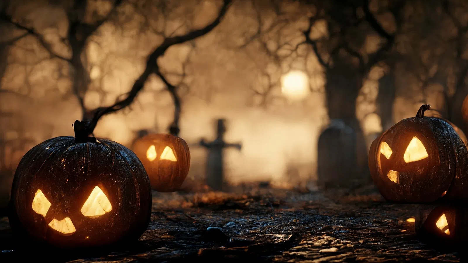 a group of lit up pumpkins