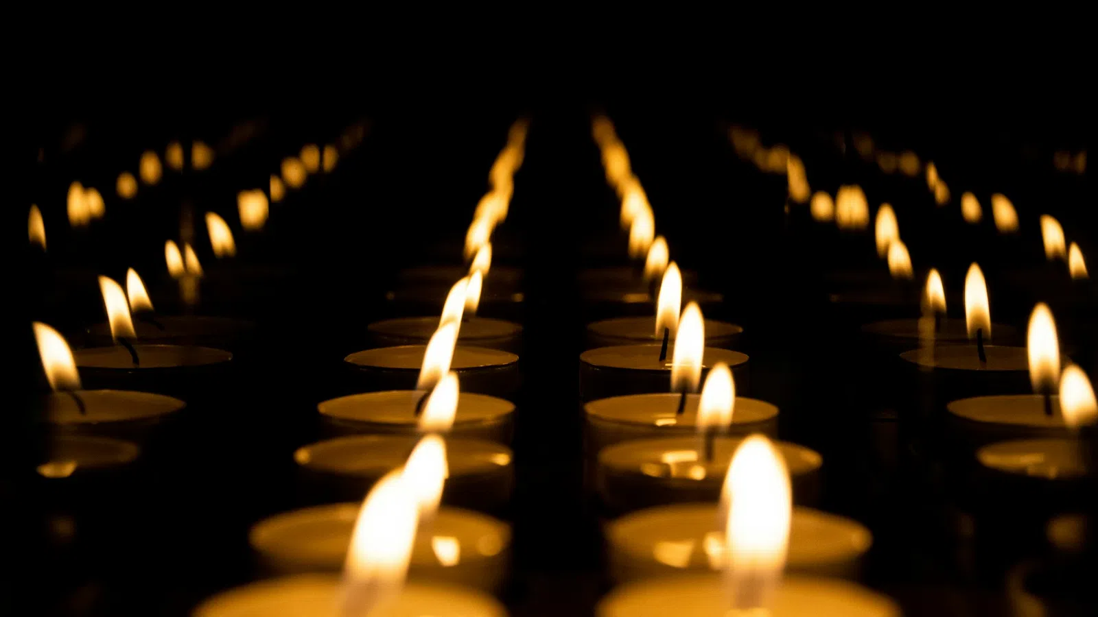 Rows of glowing tea light candles with flickering flames in a dark setting creating warm ambiance.