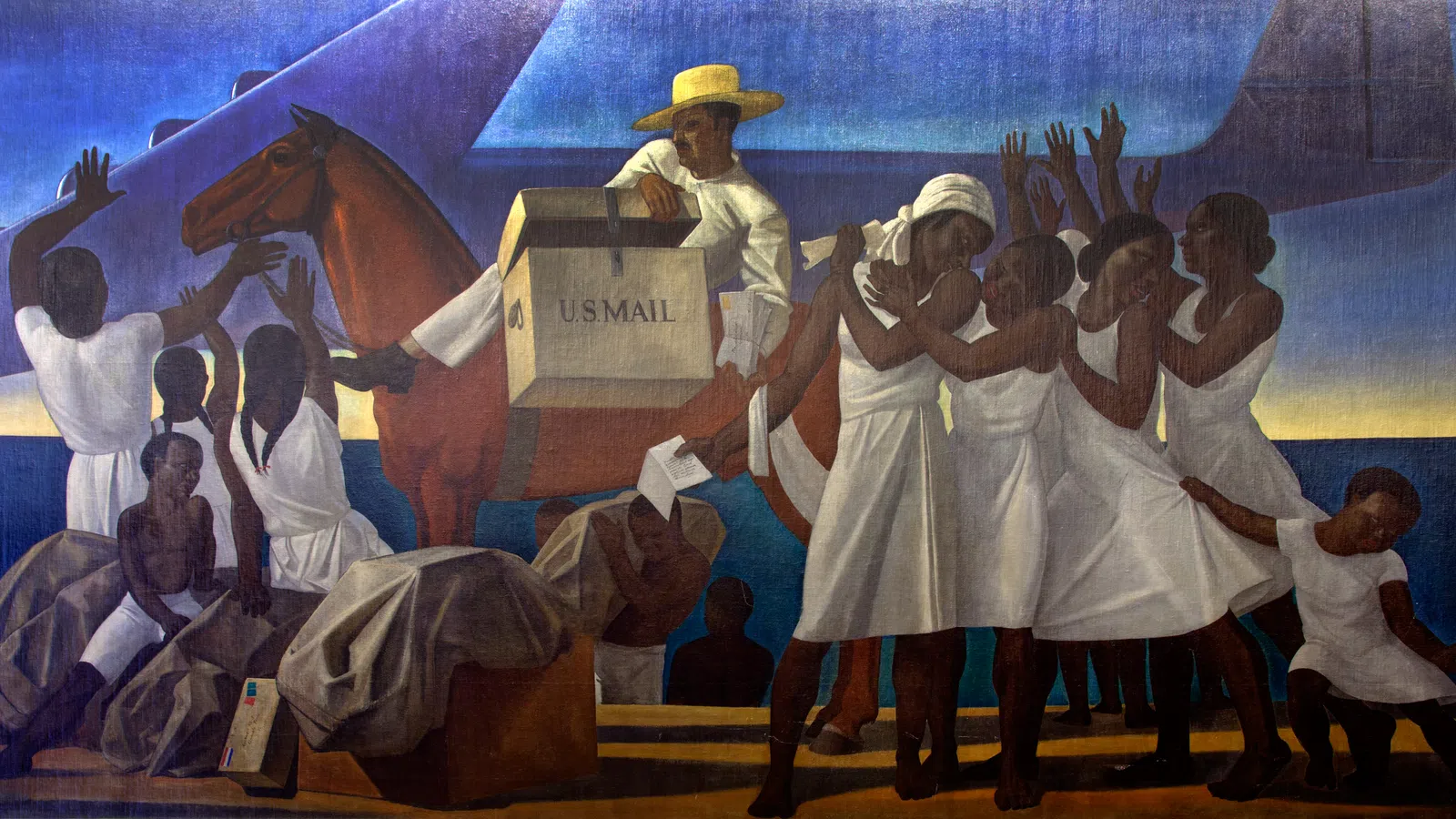 People in white dresses and a mail carrier on a horse delivering U.S. mail under an airplane at sunset.