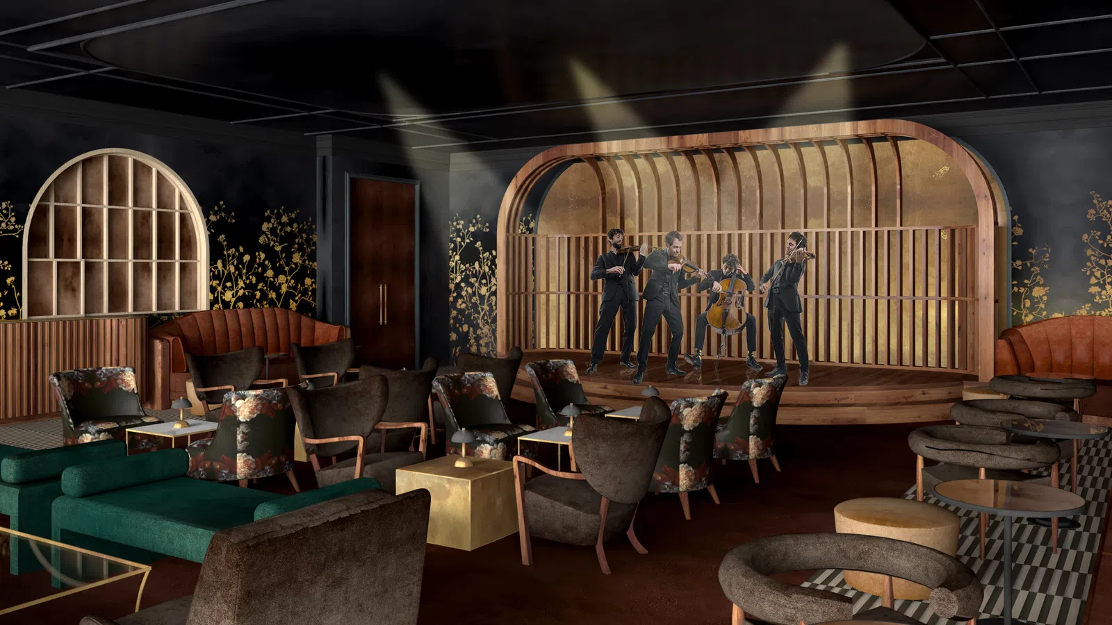 Cozy jazz club interior with wood panel stage, velvet seating, floral accents, and dim ambient lighting.