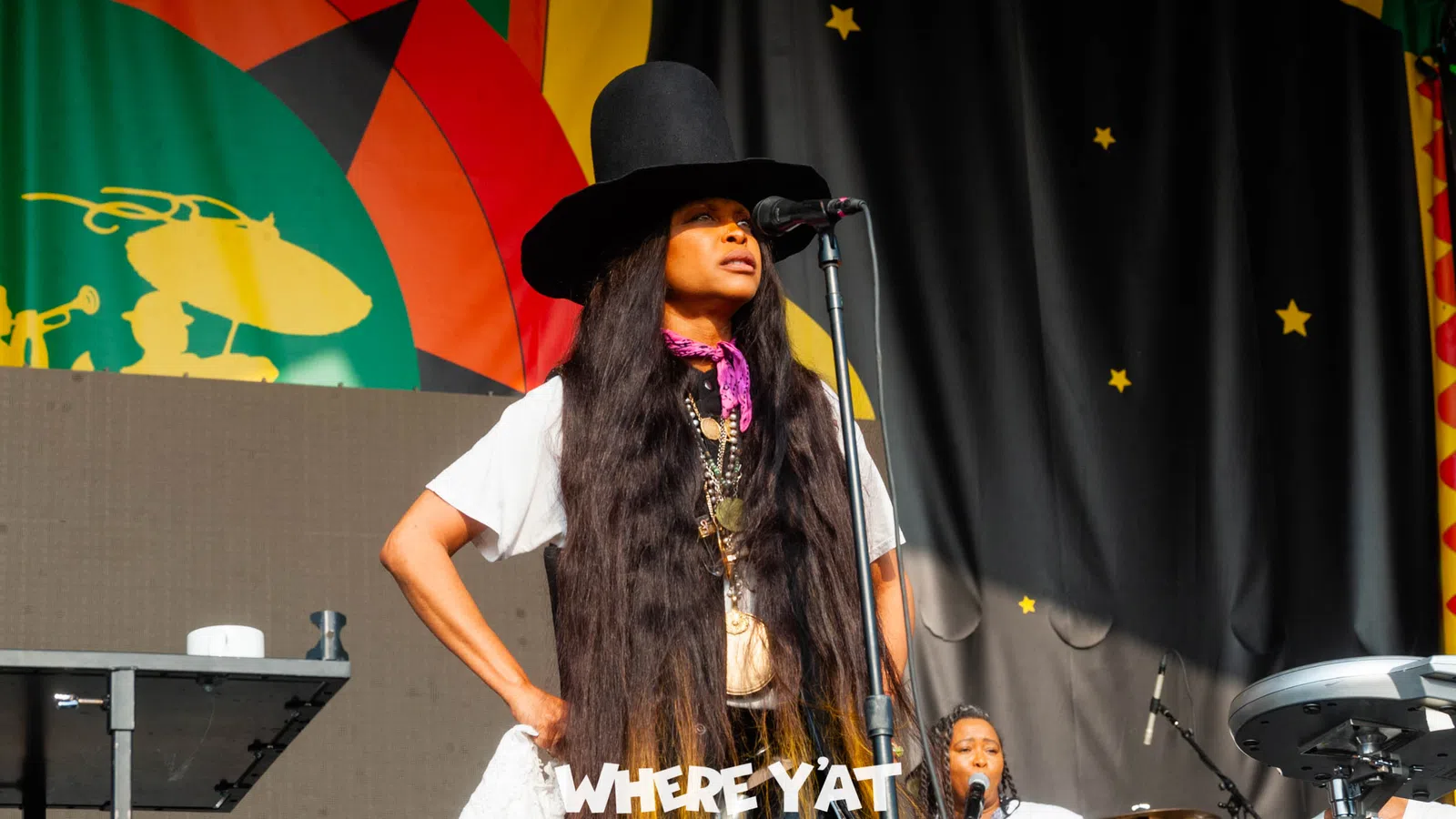 a person with long hair and a hat with a microphone on stage