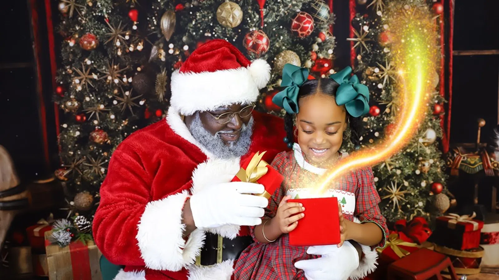 a person and a child in santa clause outfit holding a box