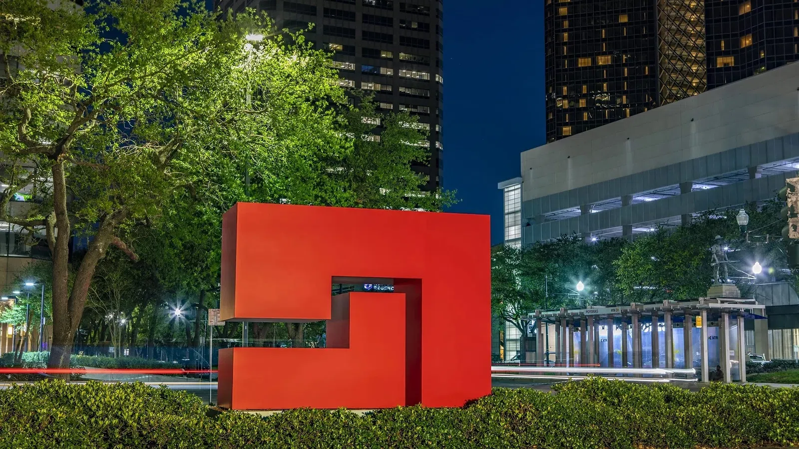 a red box in front of a building