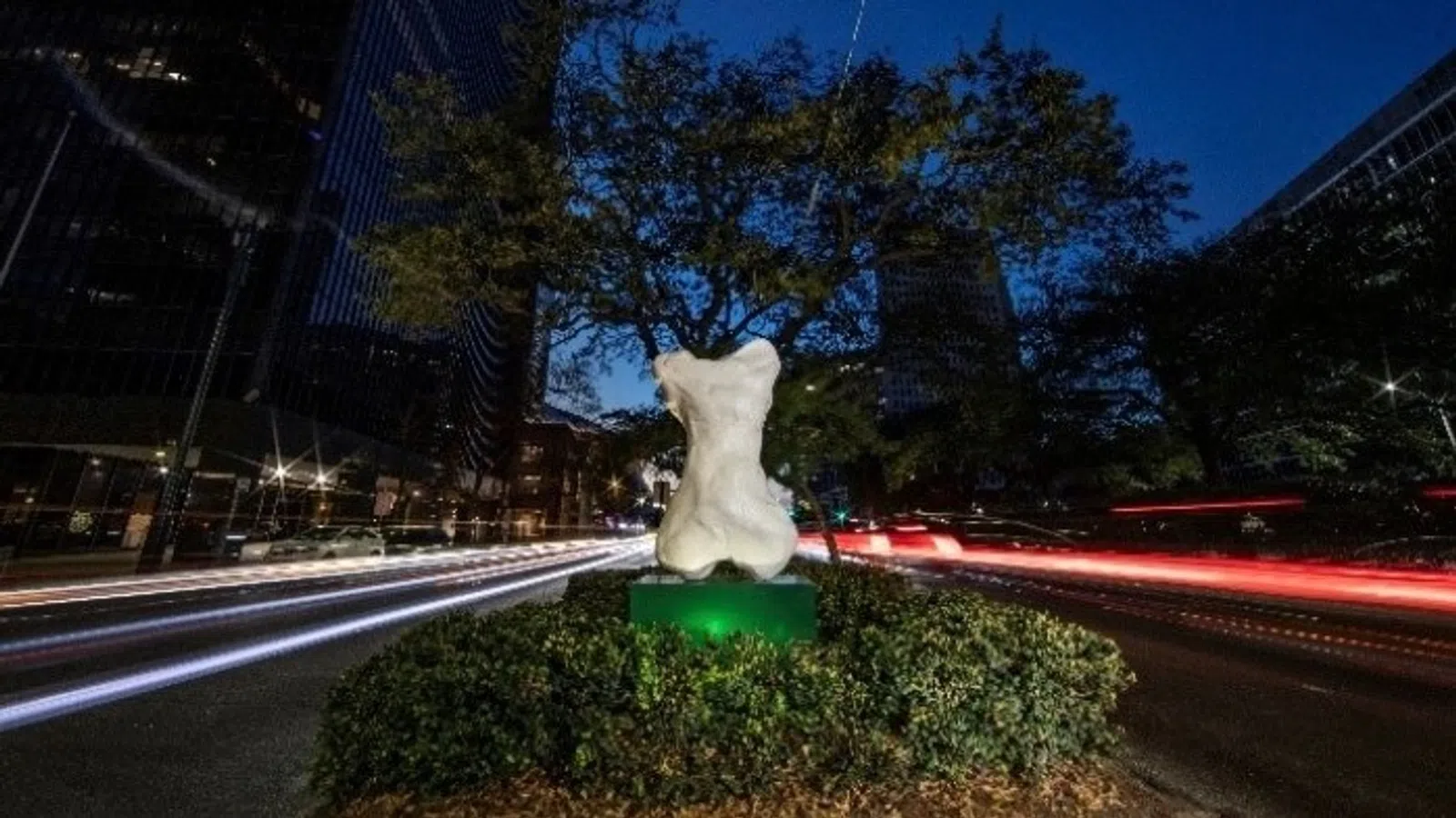 a statue of a person in a park with a city in the background