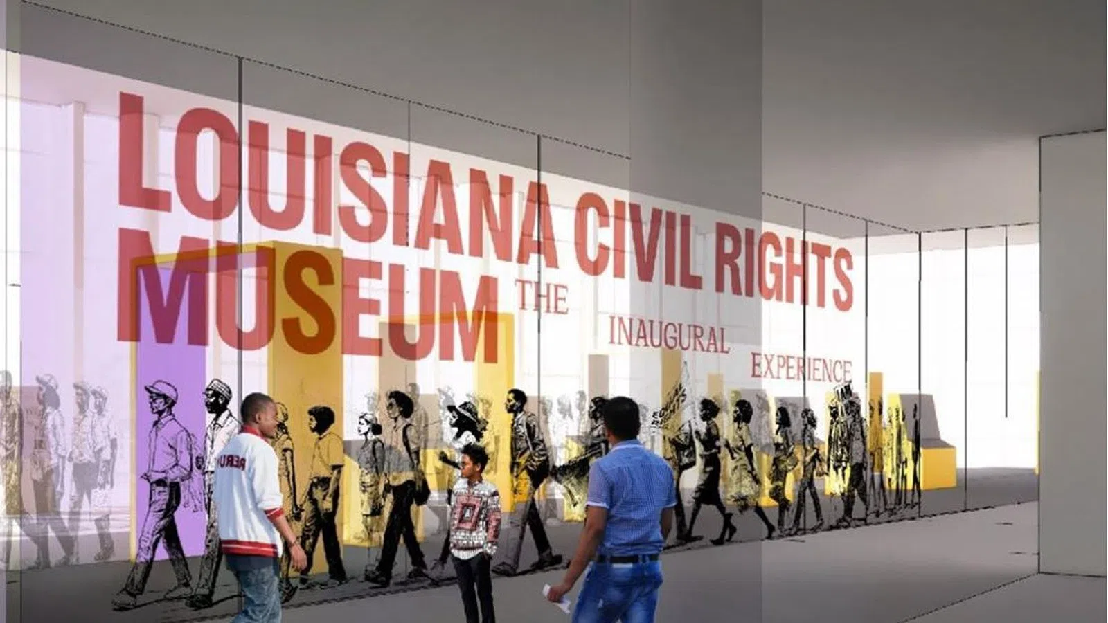 a group of people walking in front of a sign