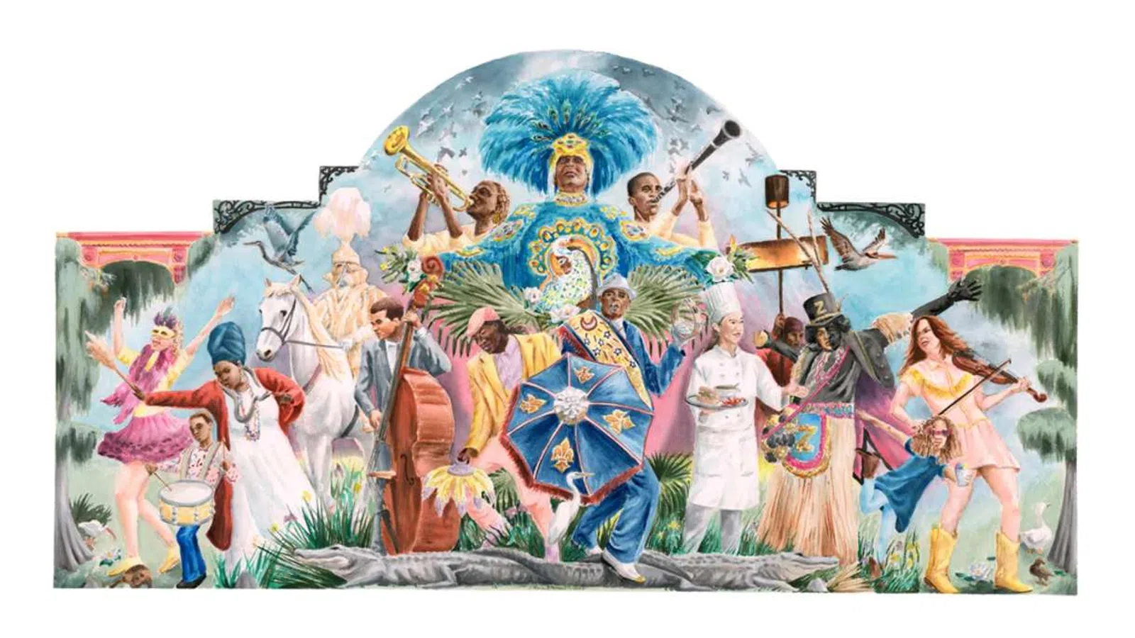 Colorful parade scene with musicians, dancers, a white horse, an alligator, and festive costumes under a bright sky.