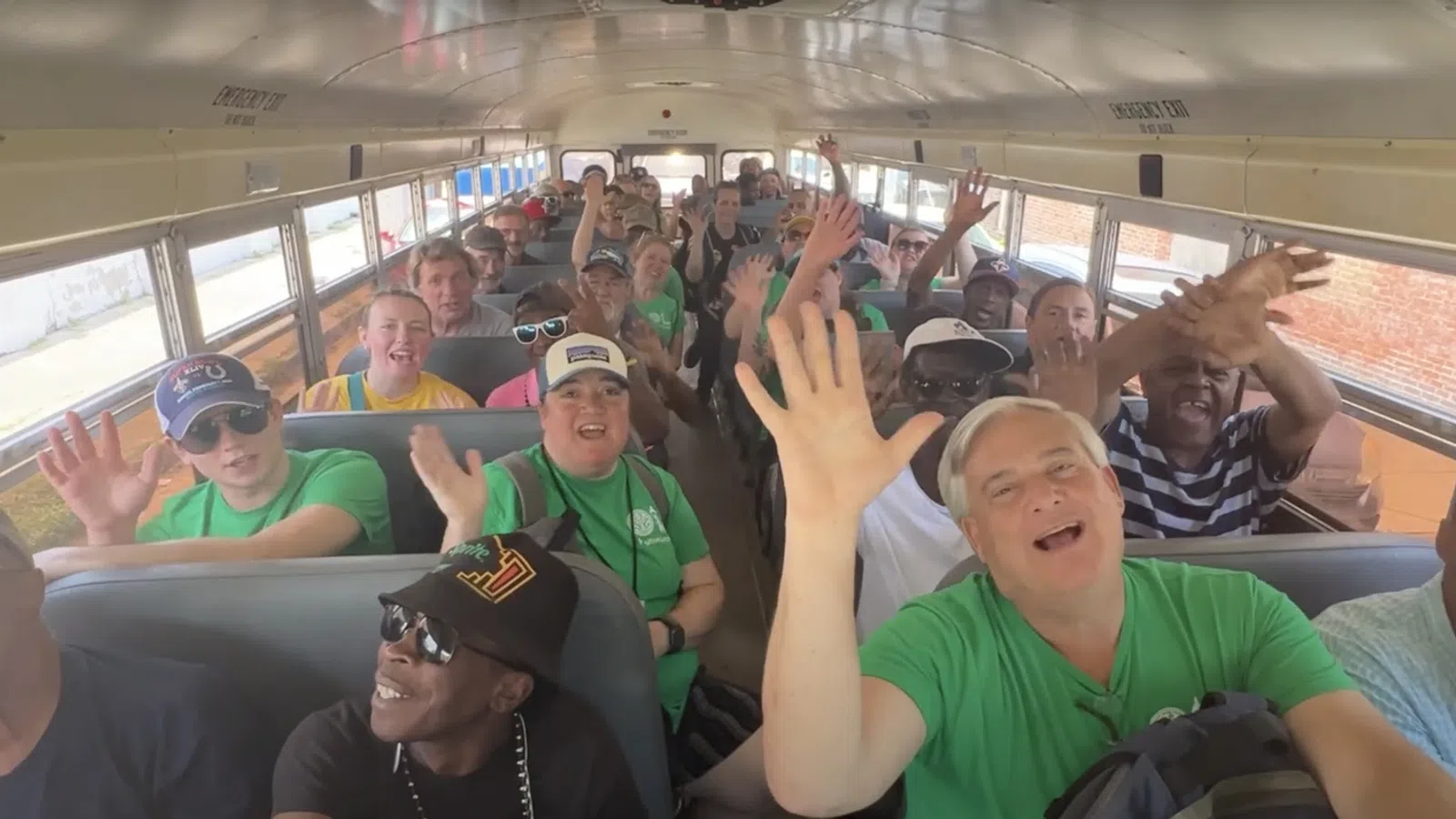 a group of people on a bus