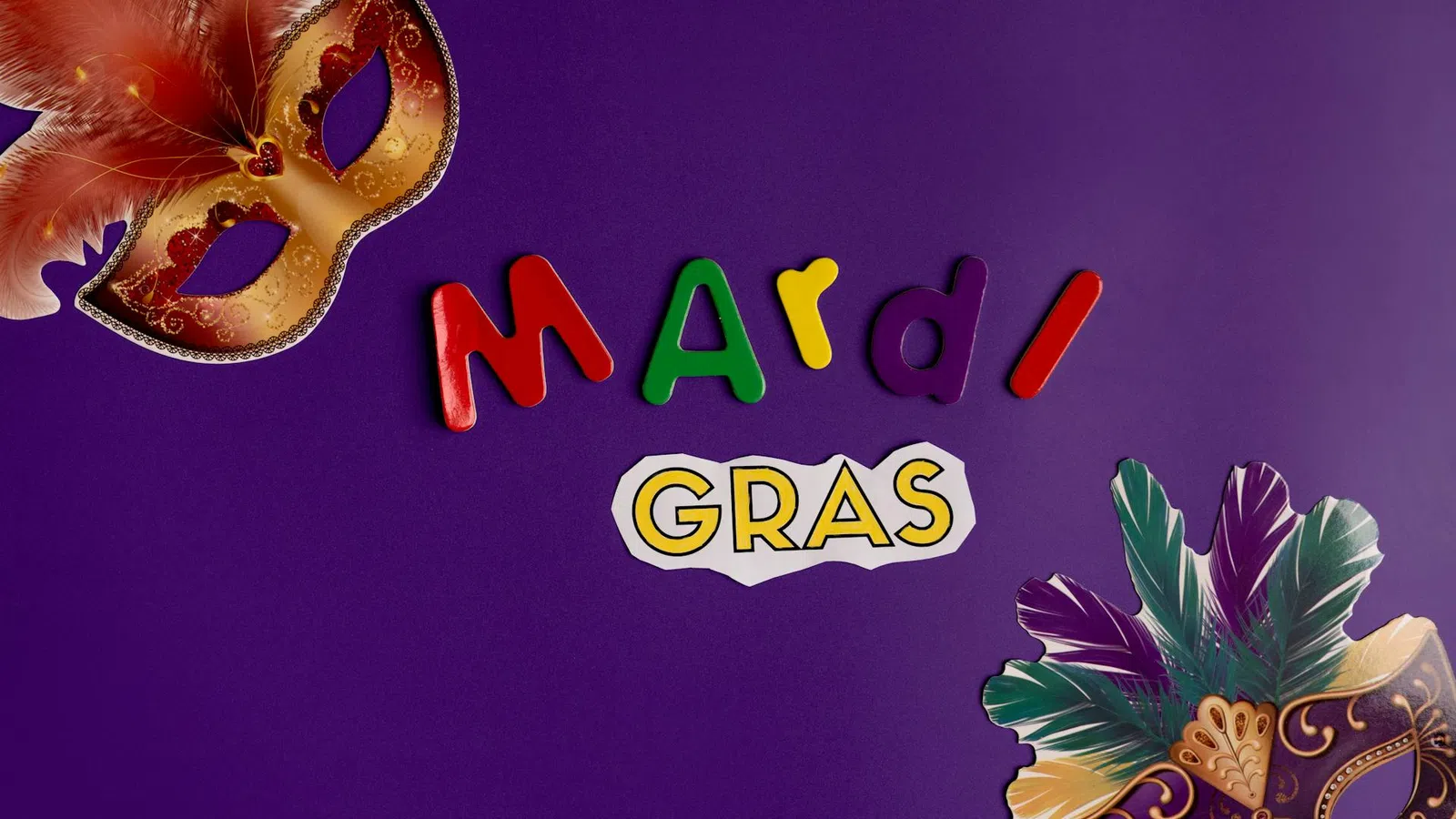 Colorful Mardi Gras letters with decorative feathered masks on a vibrant purple background.