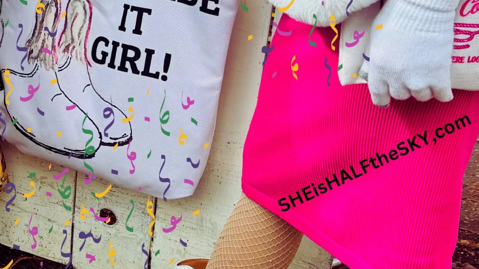 Person in bright pink skirt and white boots holding a tote bag that says 'PARADE IT GIRL!' with festive confetti around.