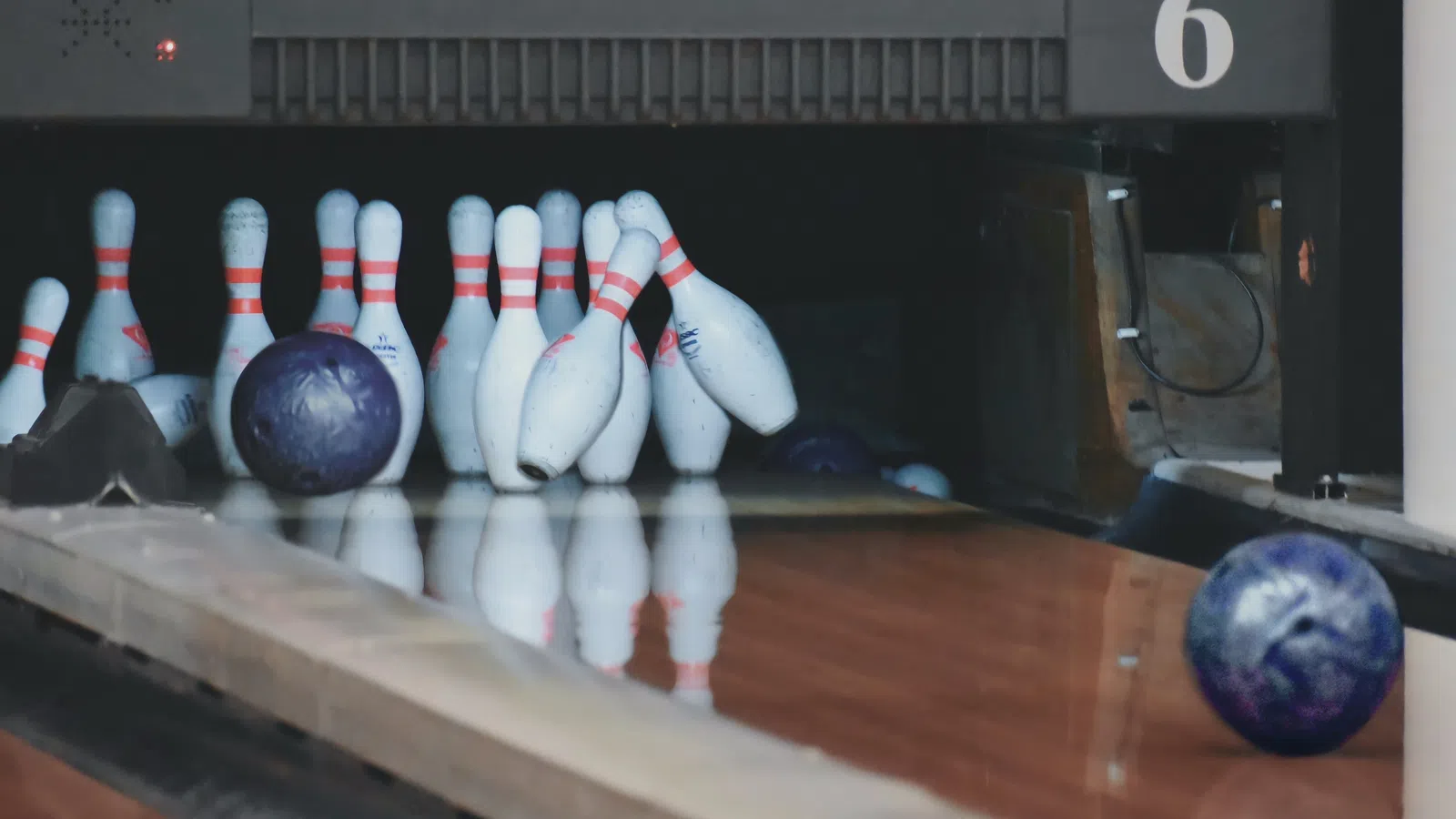 a bowling alley with bowling pins
