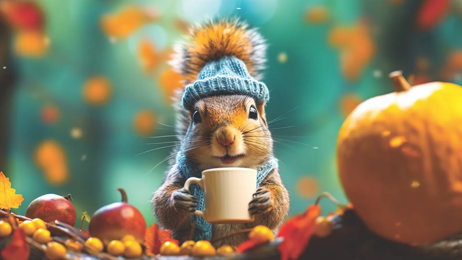 a hamster wearing a hat and holding a cup of coffee