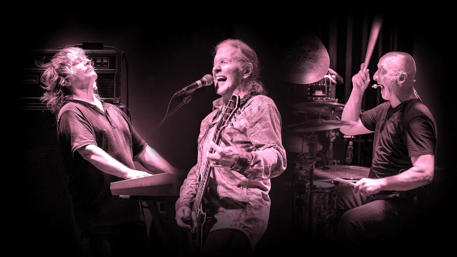 Three musicians passionately playing keyboard, guitar, and drums during a live performance with black background.