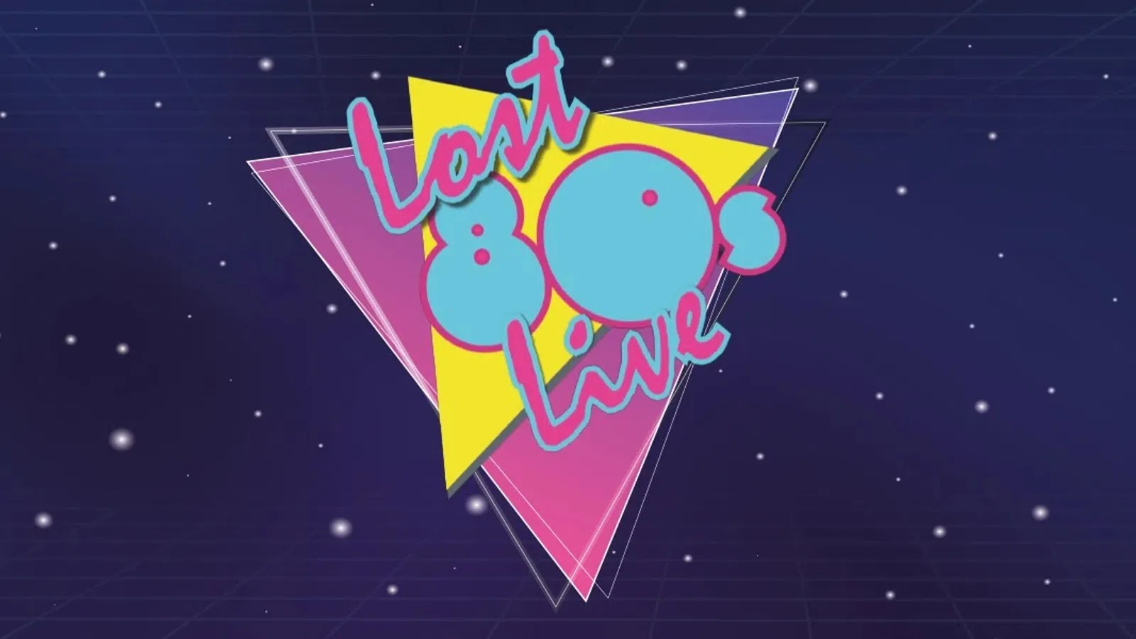 Retro 80s style logo with colorful geometric shapes and text Last 80s Live on a starry background