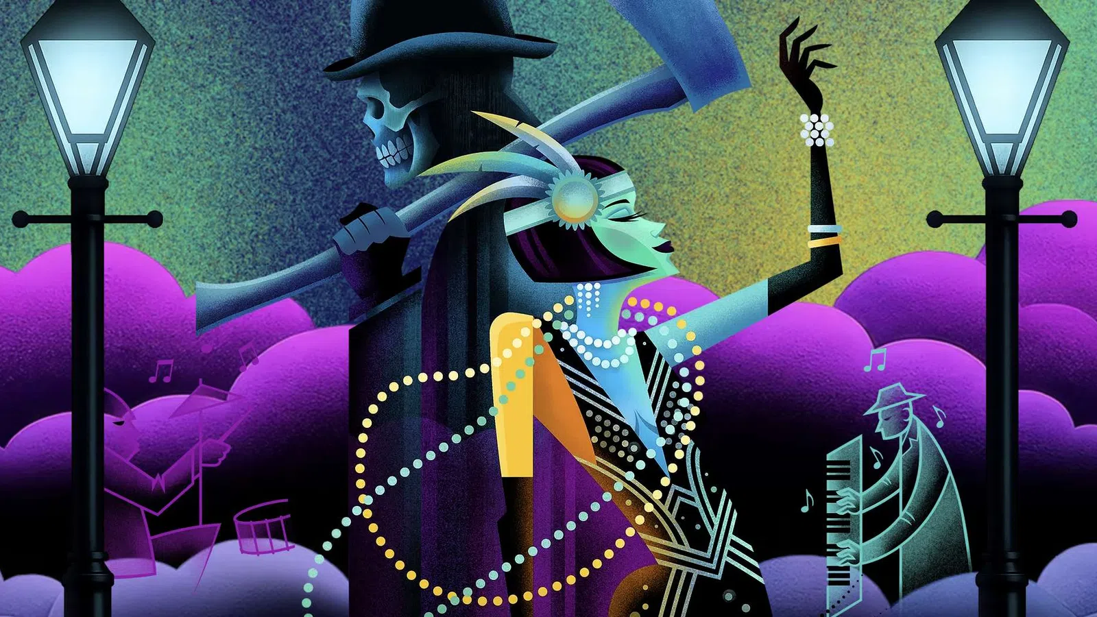 Stylized 1920s jazz scene with glamorous woman and skeleton man playing saxophone amid glowing street lamps and purple clouds.