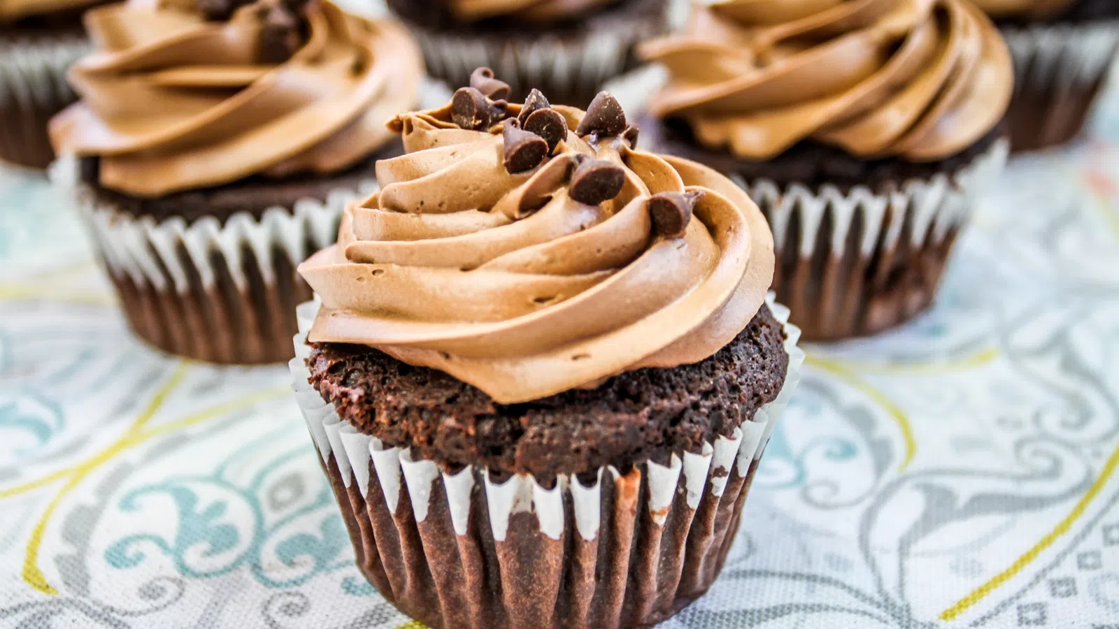 a group of cupcakes with chocolate frosting