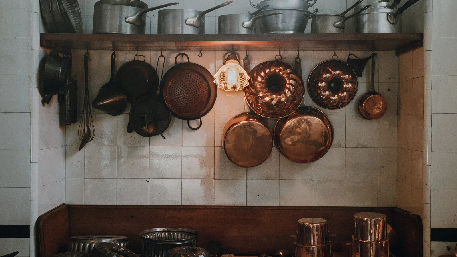 a kitchen with pots and pans