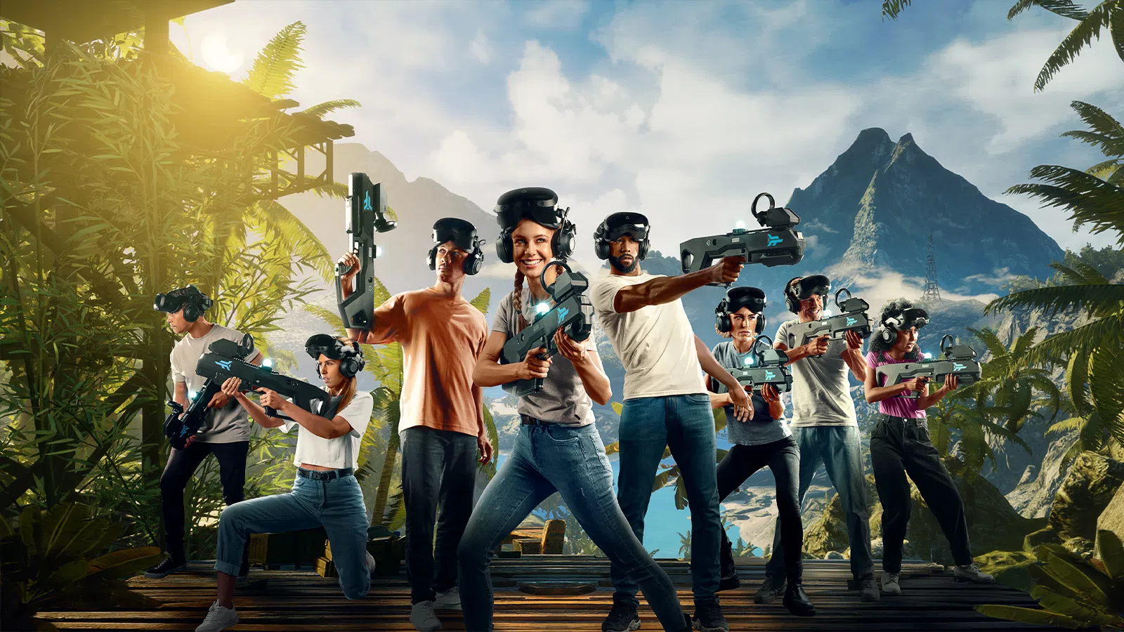 Group of people wearing VR headsets and holding futuristic gaming guns in a tropical mountain environment