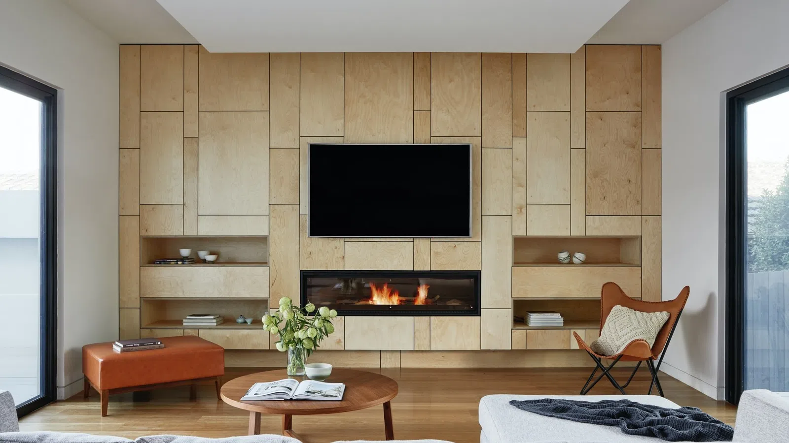 a living room with a fireplace