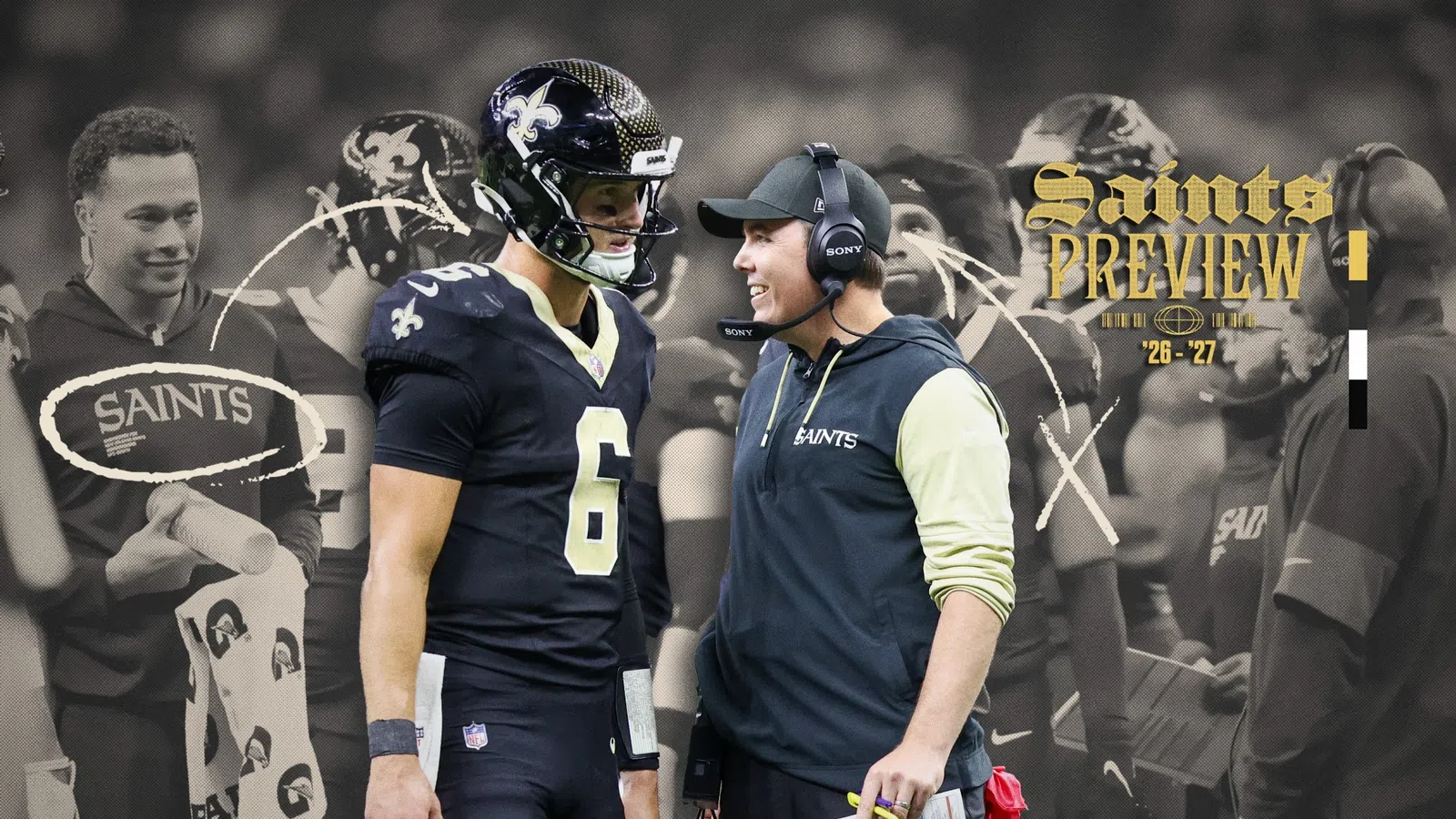 New Orleans Saints player and coach discussing during game with team preview text and strategy graphics overlay.