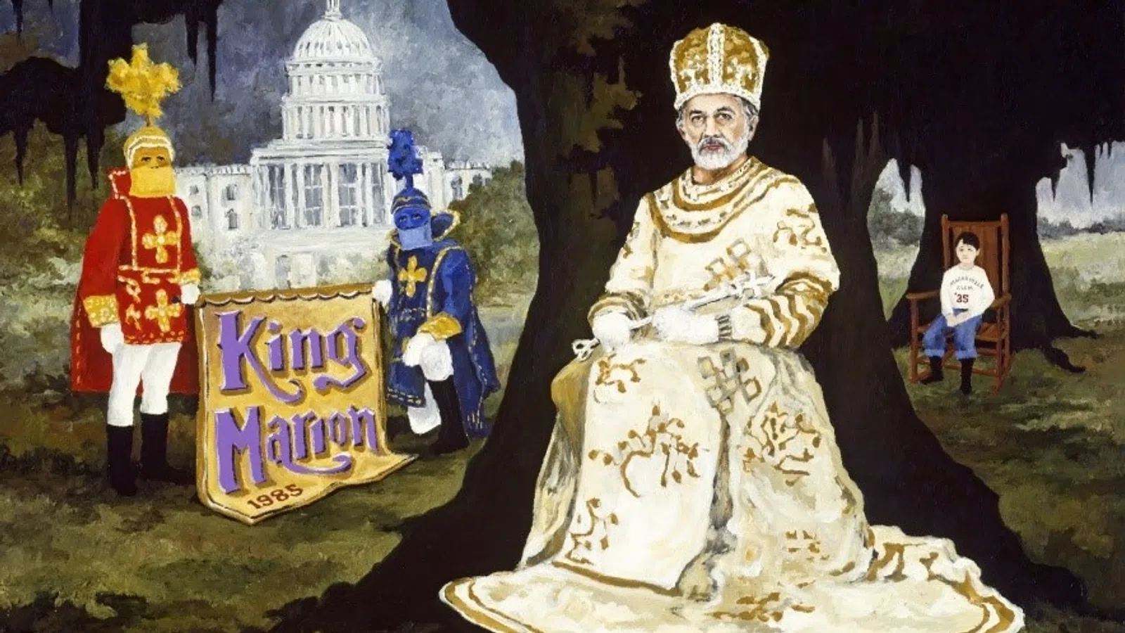 a statue of a man and a woman in front of a castle