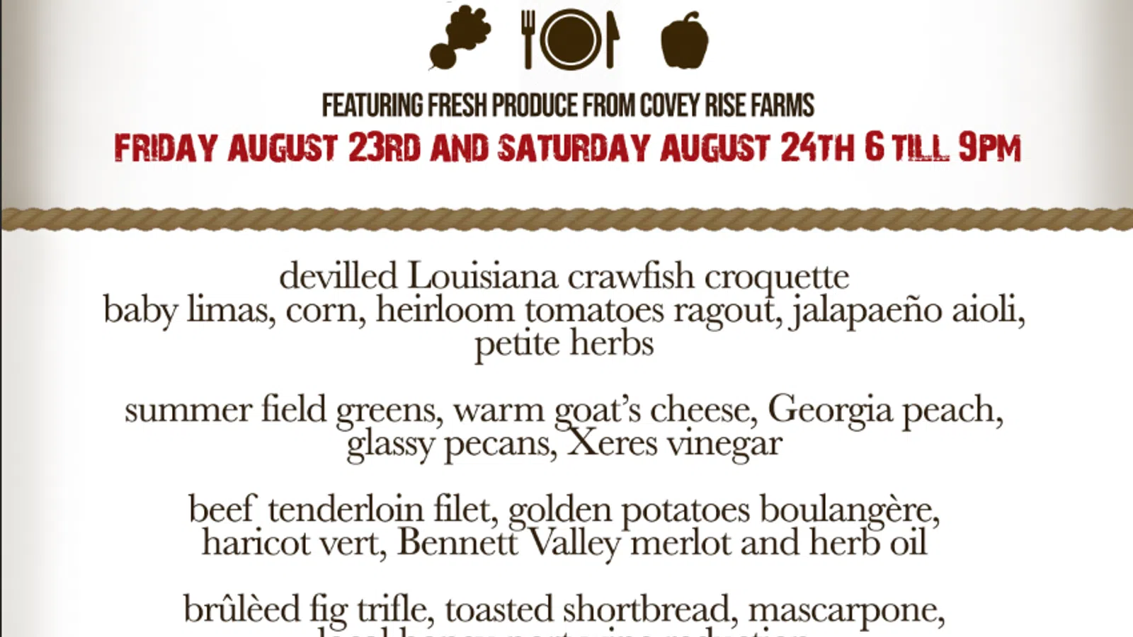 Special Covey Rise Farm-To-Table Dinner This Friday & Saturday