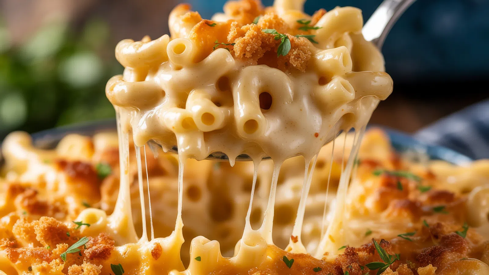 Close-up of creamy baked macaroni and cheese with melted cheese pull and breadcrumb topping, garnished with herbs.