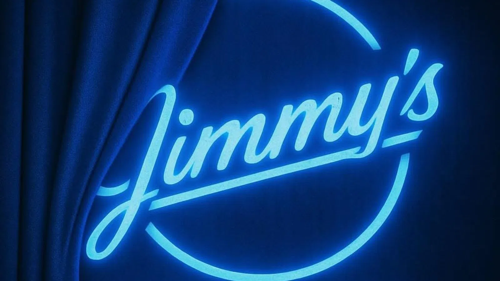 Neon blue sign announcing Jimmy's Music Club coming soon, with curtain partially covering it.