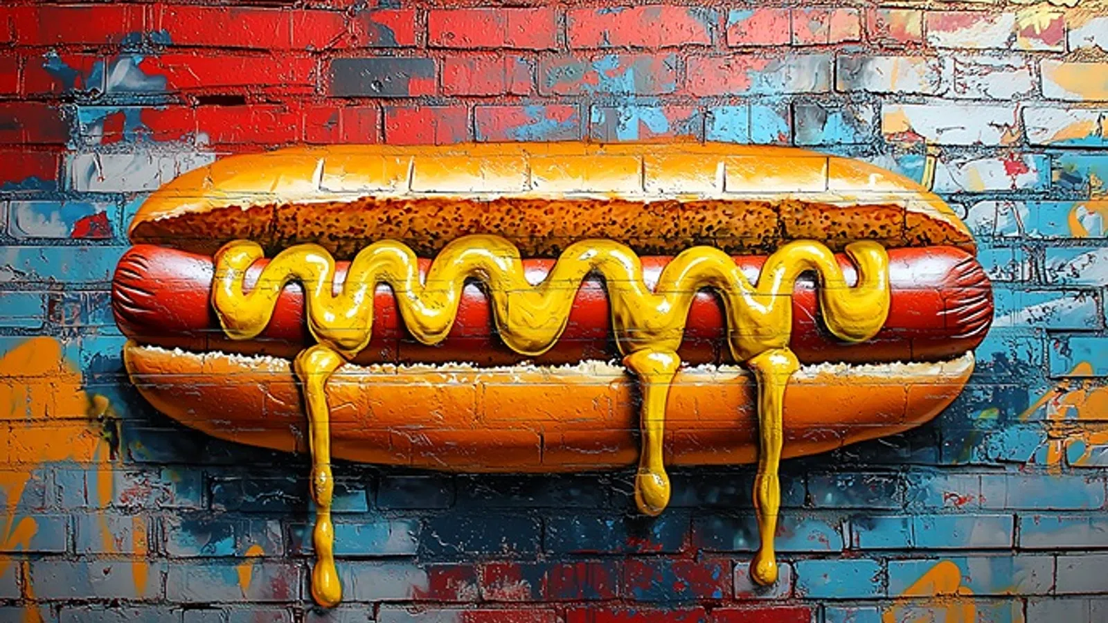 3D mural of a hot dog with mustard dripping, painted on a colorful brick wall with red, blue, and yellow hues.