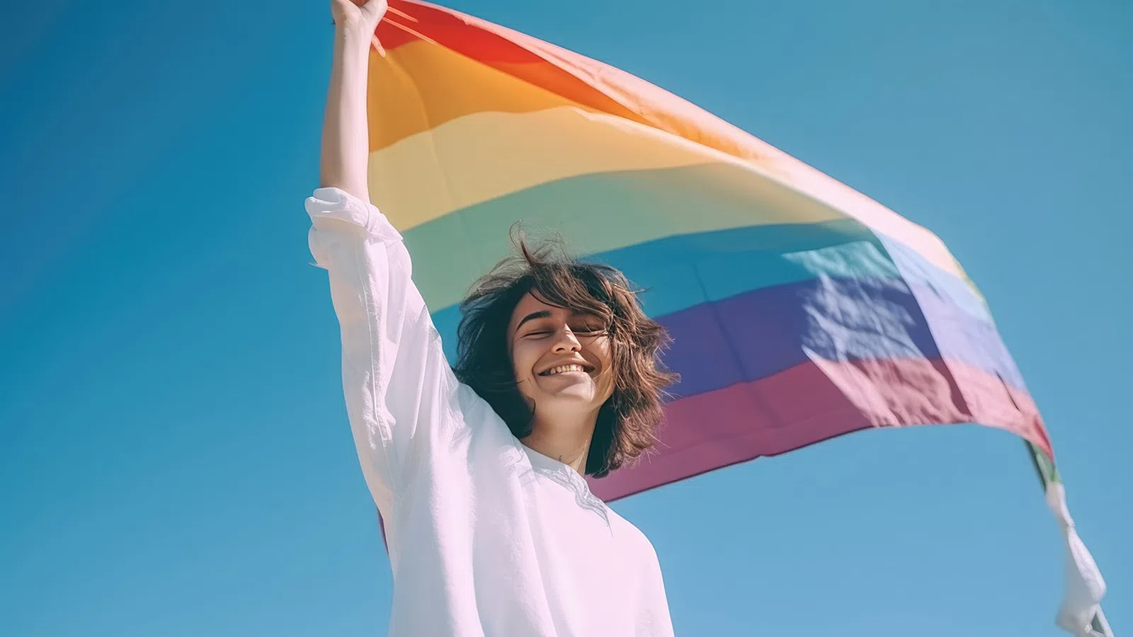 a person holding a rainbow flag