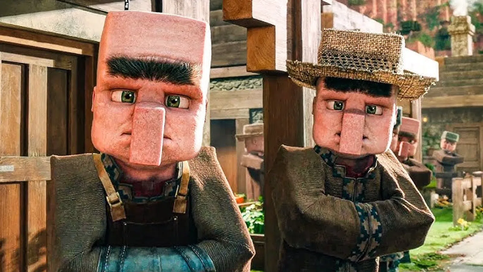 Two stylized, animated characters with distinctive features in a rustic village setting.