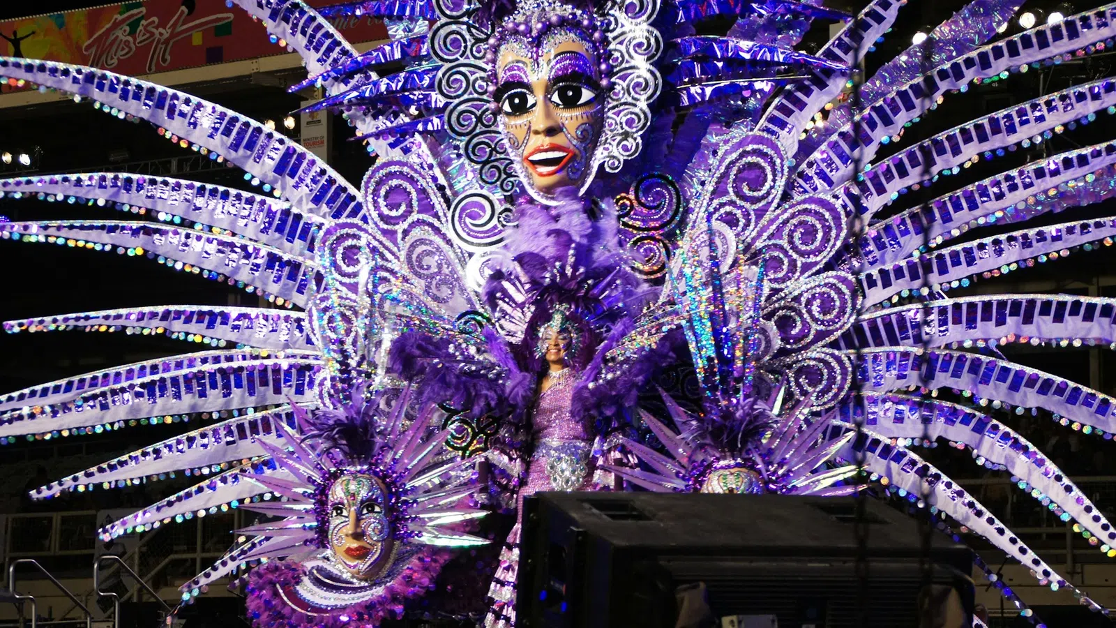 Vibrant carnival costume in purple with large feathered and sequined wings and detailed masks on stage.