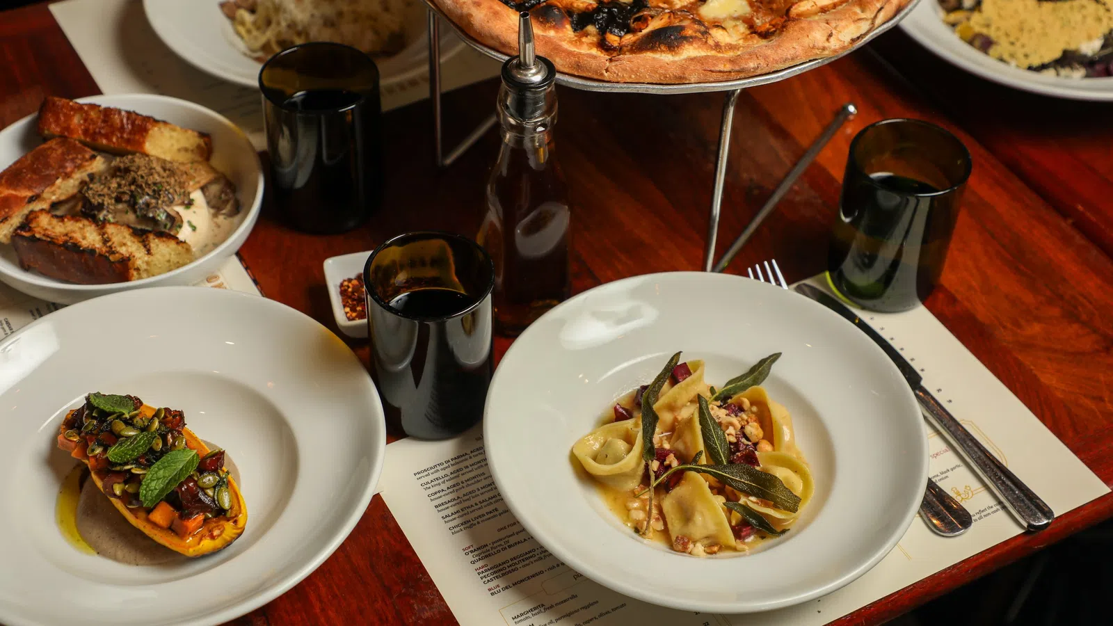 a table is filled with food