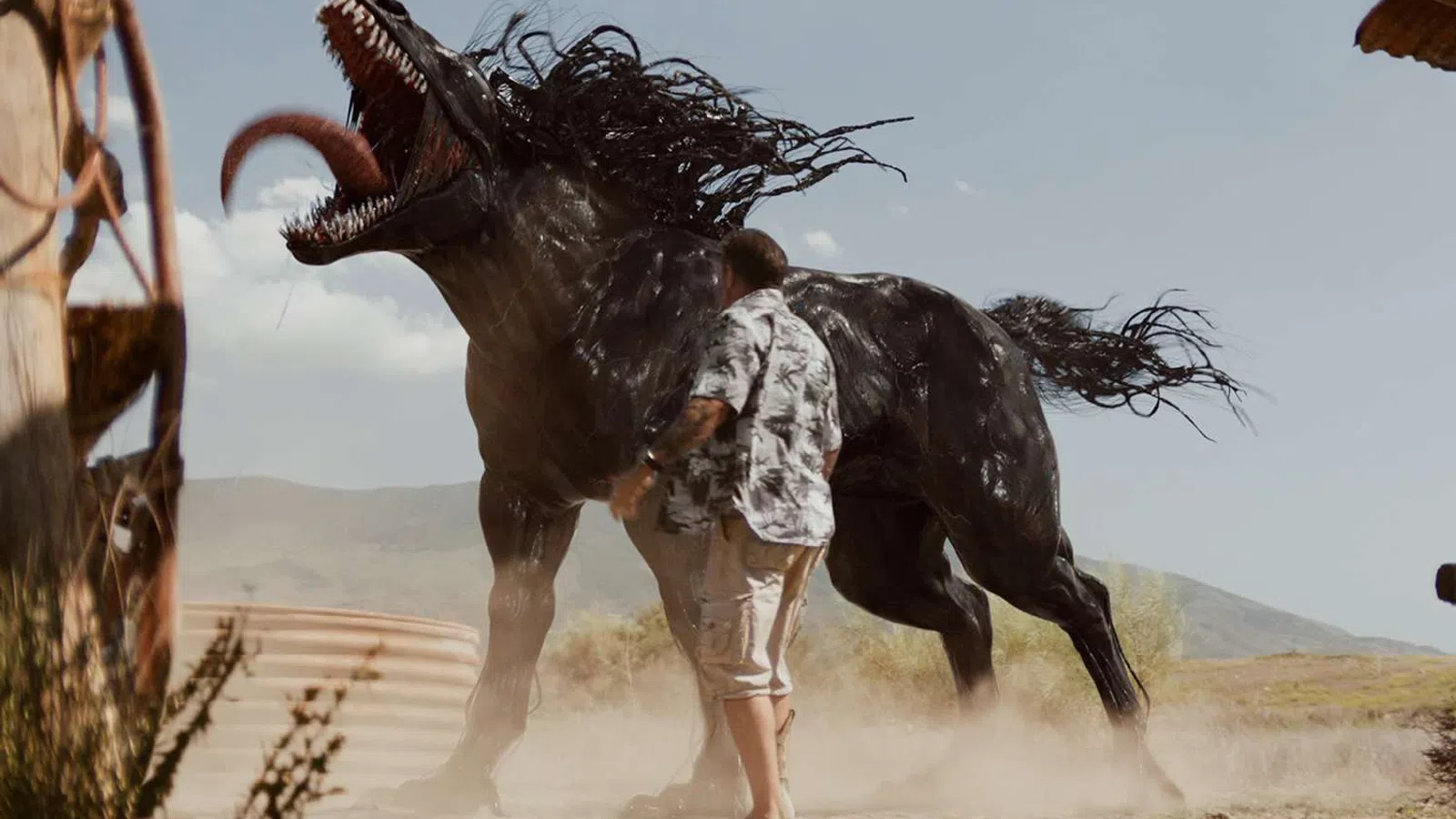 a person standing next to a large animal with horns