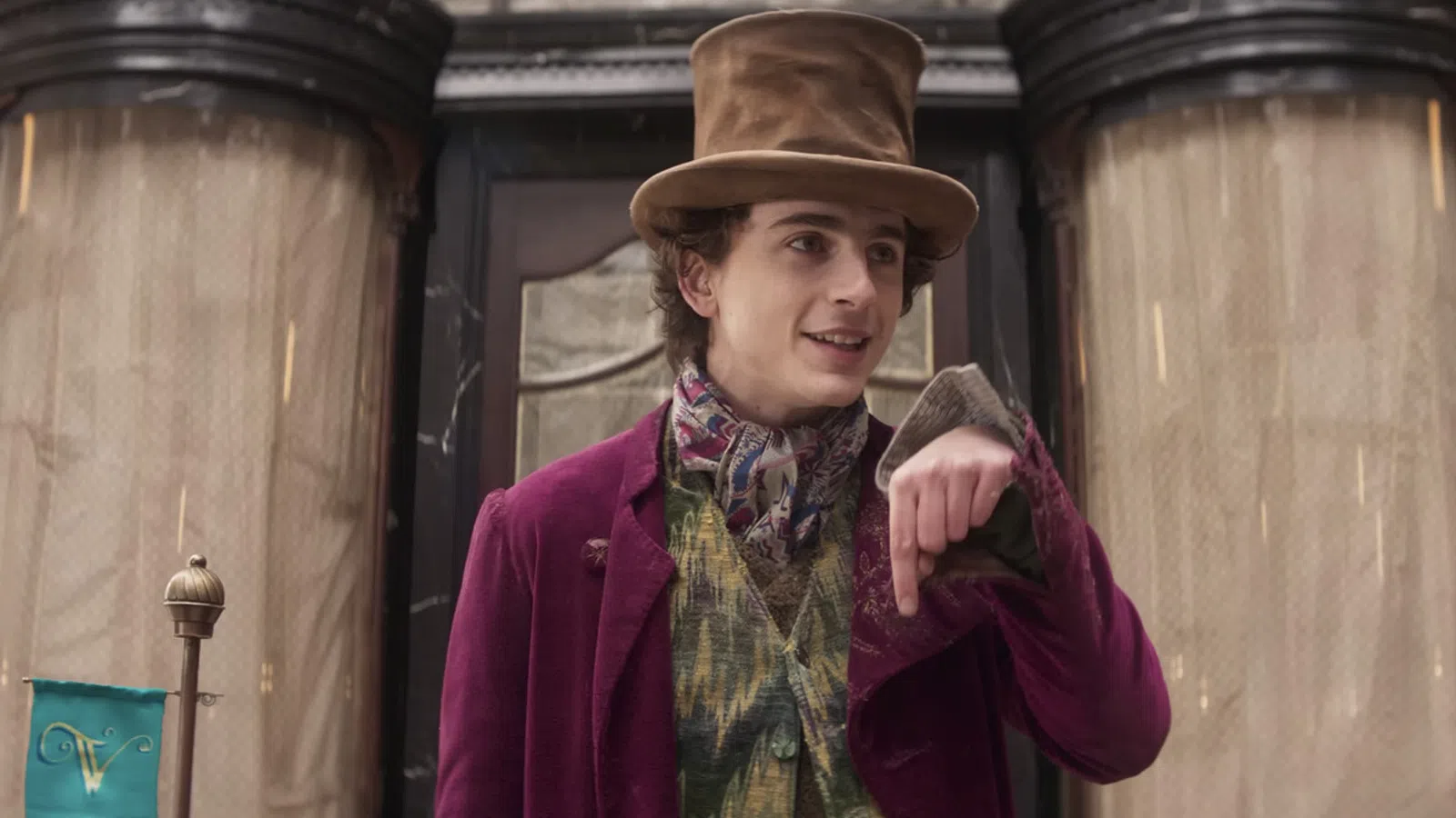 Timothée Chalamet wearing a hat and scarf