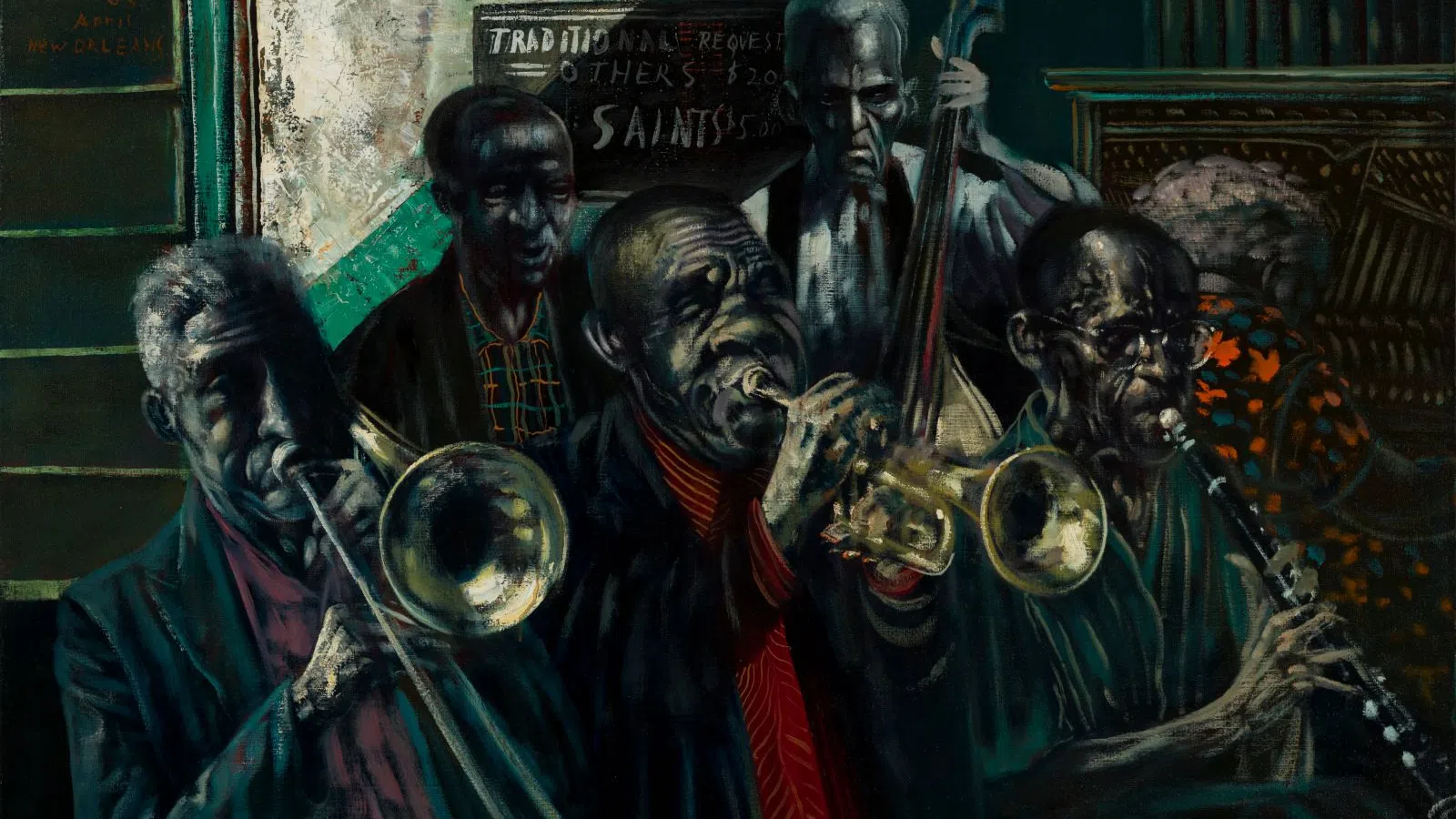 Dark-toned painting of five jazz musicians playing trombone, trumpet, double bass, and clarinet in an intimate setting.