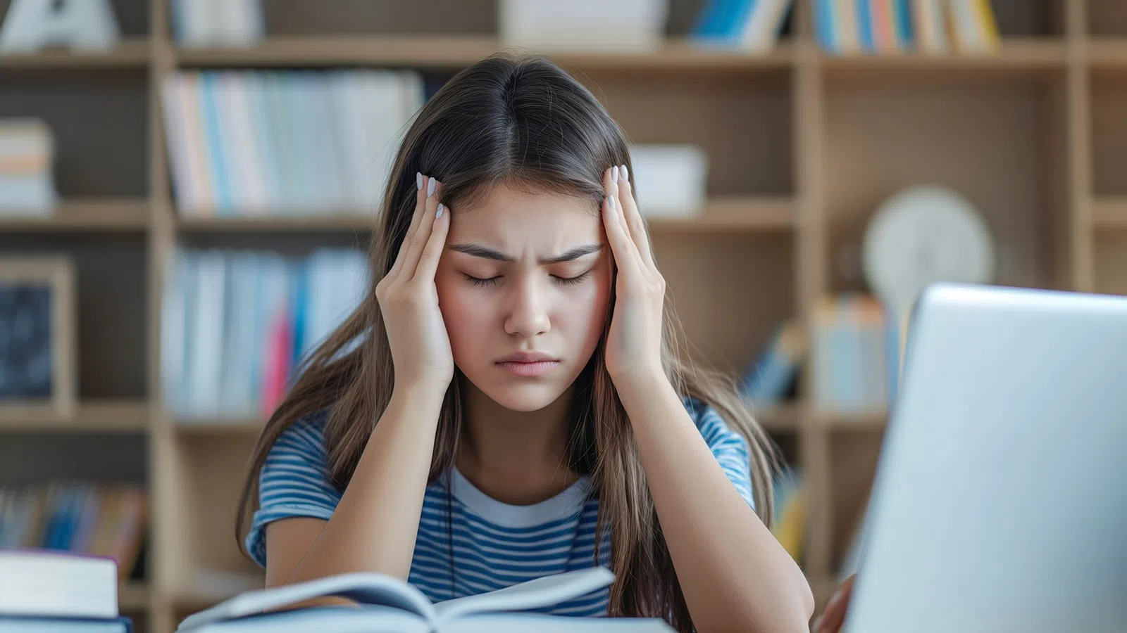 Young woman studying with books and laptop, holding her head in frustration or stress in a home library.