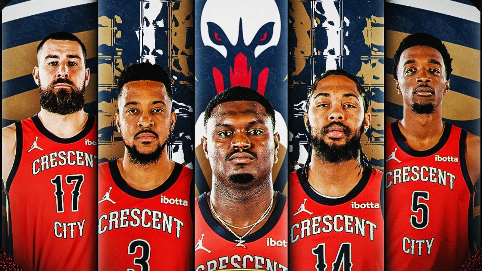 Brandon Ingram, C.J. McCollum, Jonas Valanciunas et al. are posing for a picture