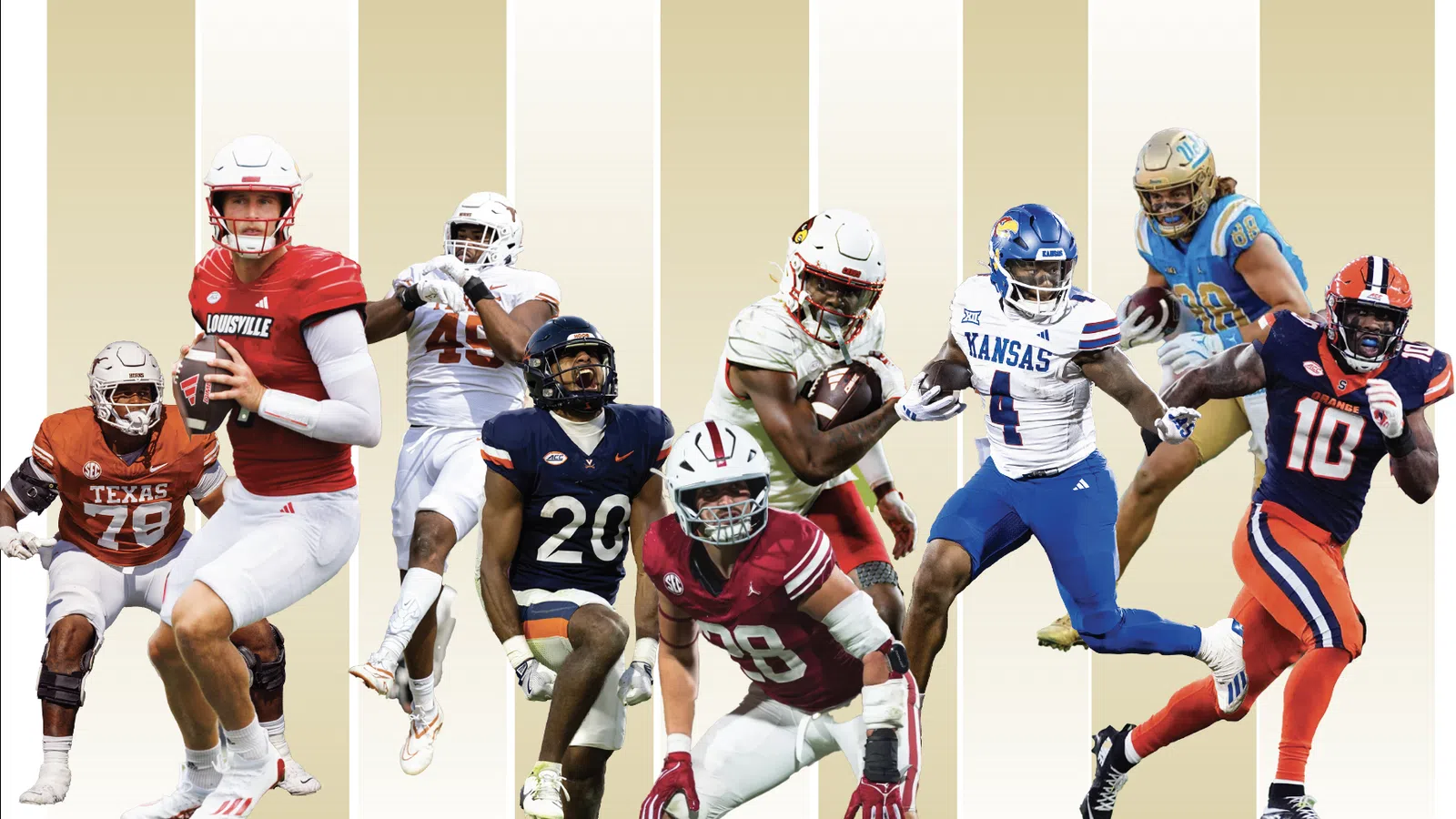 College football players from various teams in action poses with uniform colors against a beige striped background