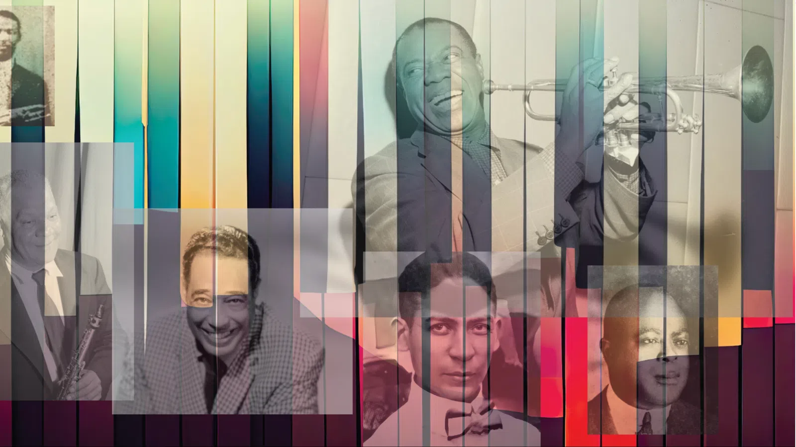 Collage of famous jazz musicians overlaid on colorful piano keys with warm and cool tones blending together.