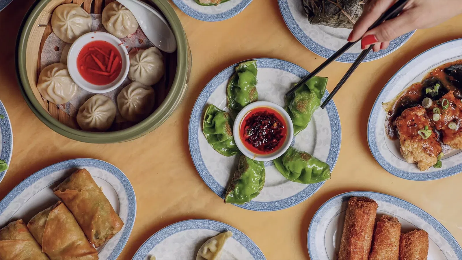 Various Asian appetizers including dumplings, spring rolls, and dipping sauces on a wooden table.