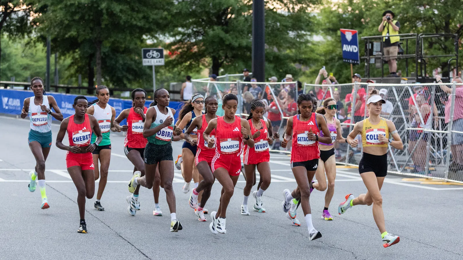 Female long-distance runners competing in a road race with spectators and photographers along the fenced course