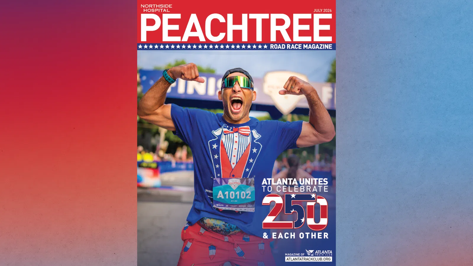 Excited male runner flexing muscles in patriotic outfit at Peachtree Road Race finish line celebrating 250 years.
