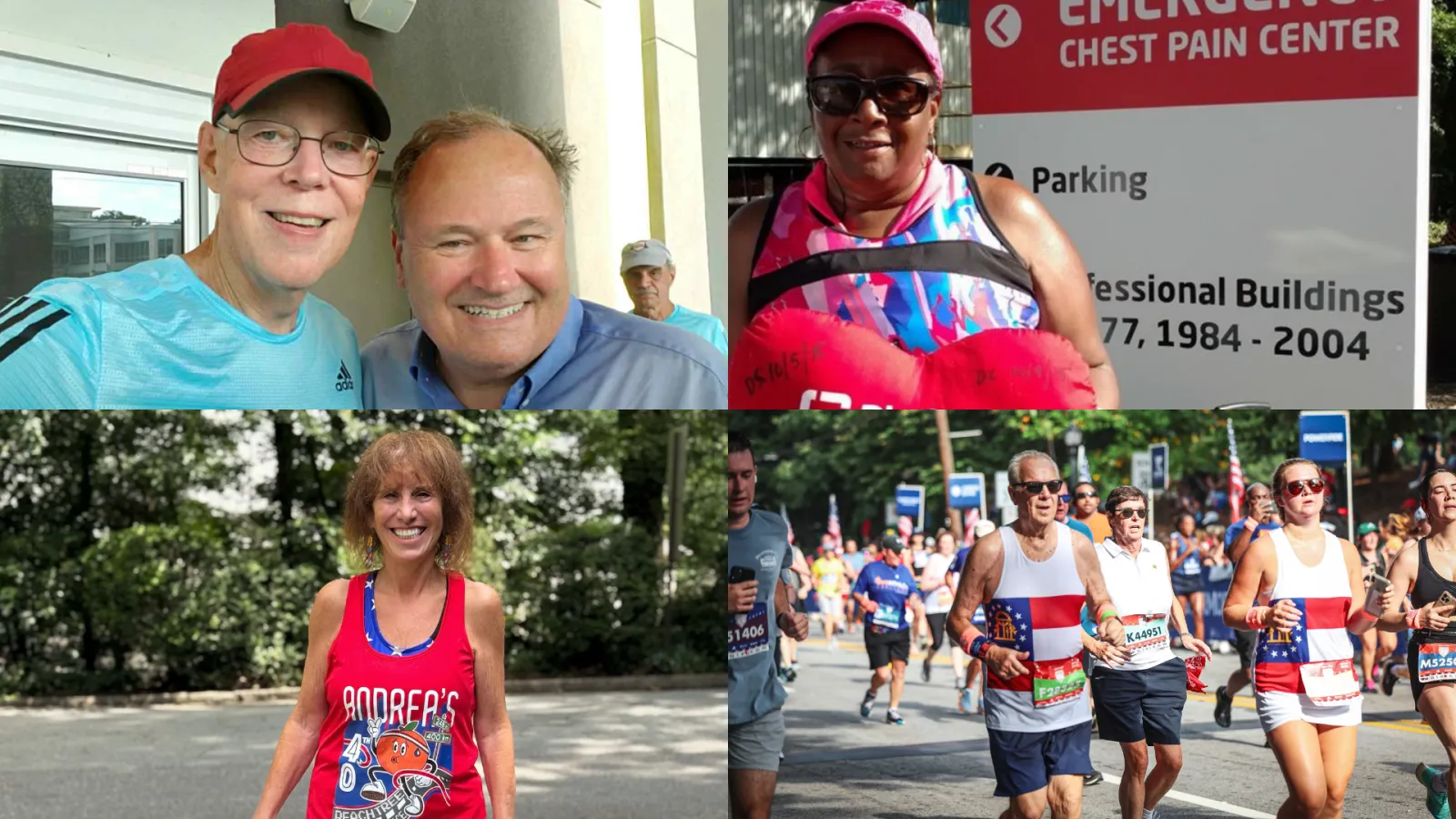 Collage of runners and supporters at a charity race event wearing colorful athletic apparel outdoors.