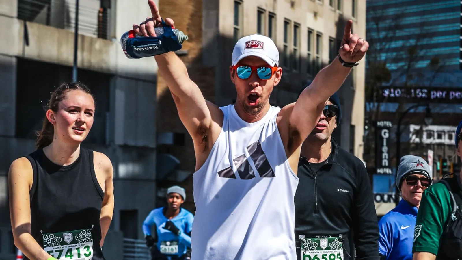 a group of people running