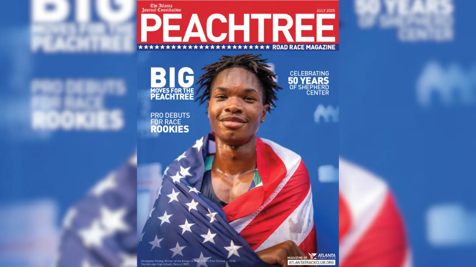 Young athlete wrapped in American flag on Peachtree Road Race magazine cover celebrating 50 years