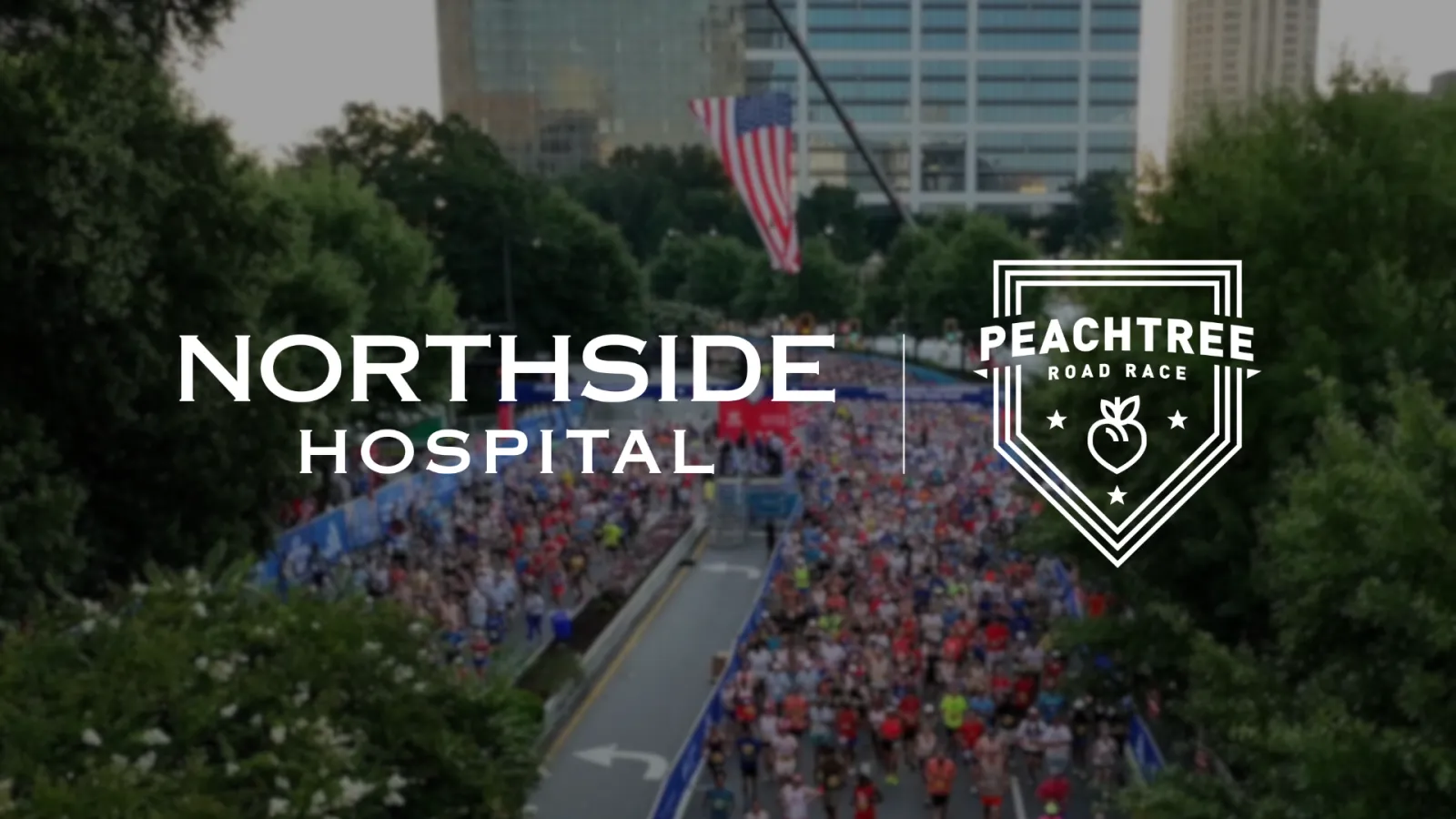 Crowd of runners at the start line of the Peachtree Road Race with Northside Hospital and race logos overlayed