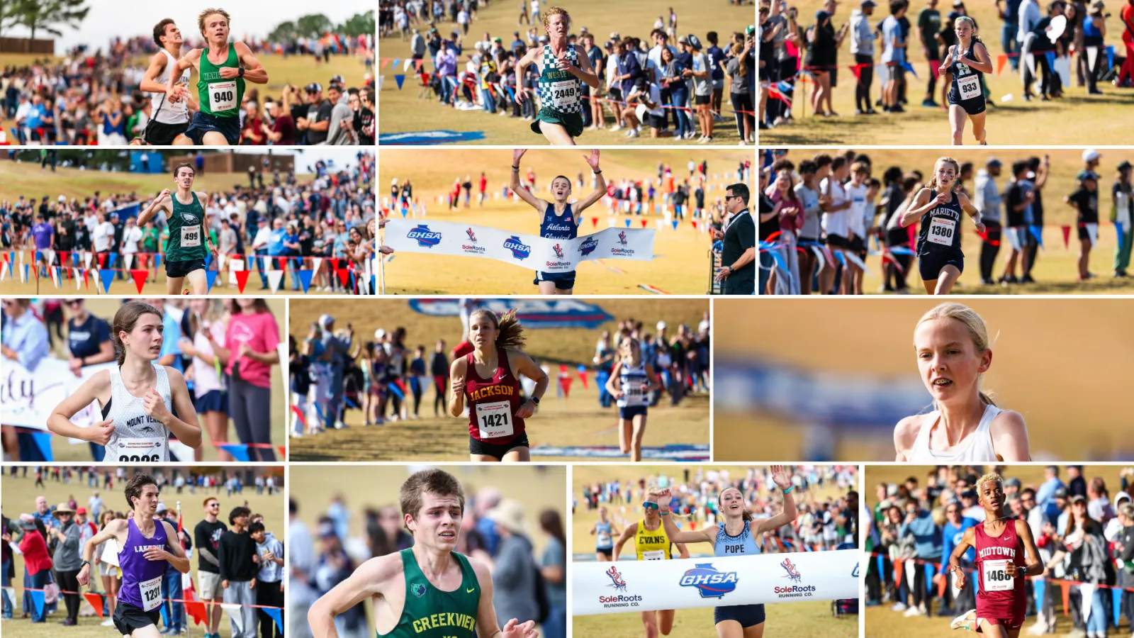 High school cross country runners competing outdoors with spectators and finish line banners in a sunny field event.