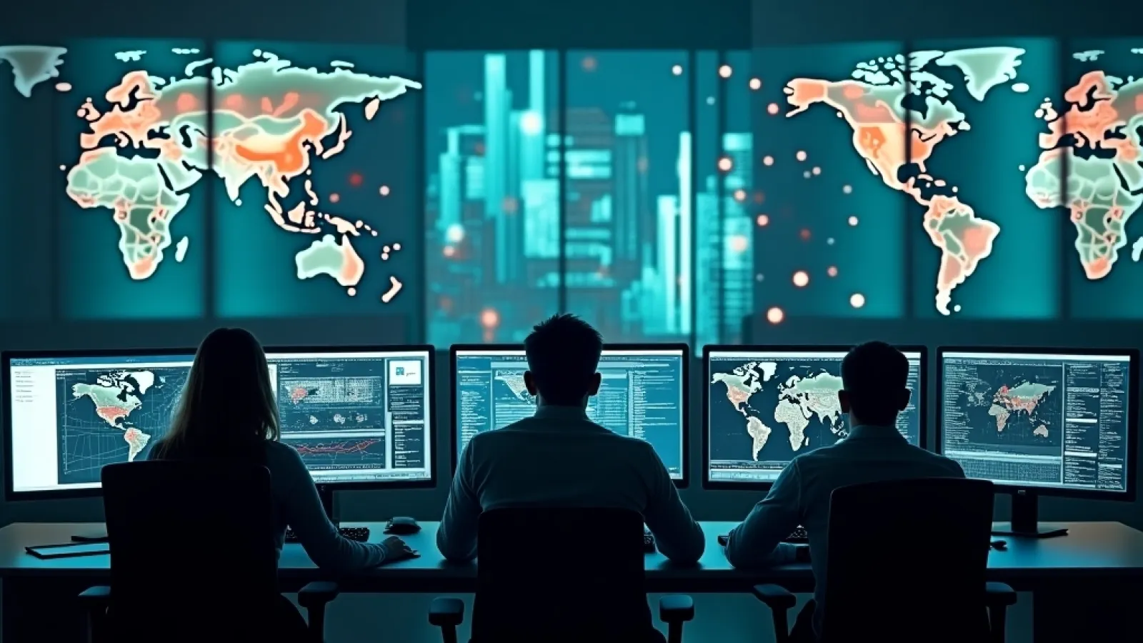 Three cybersecurity analysts monitor global data and digital maps on multiple screens in a dark control room.