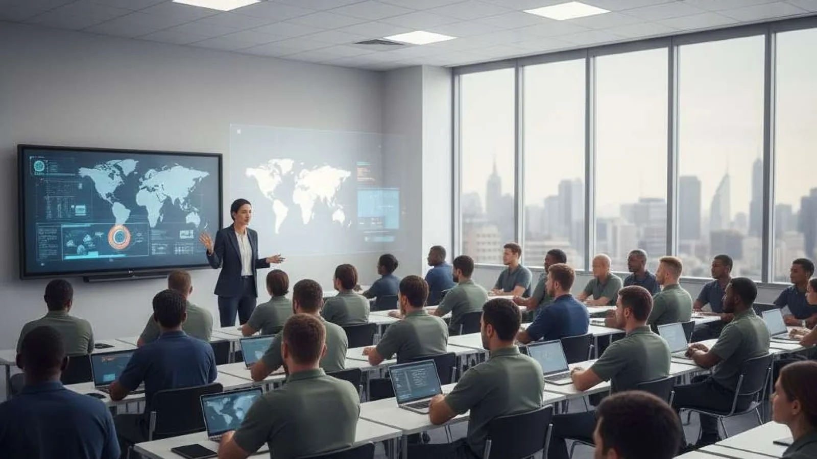 Professional instructor teaching a classroom of students using digital maps and laptops in a modern office setting.